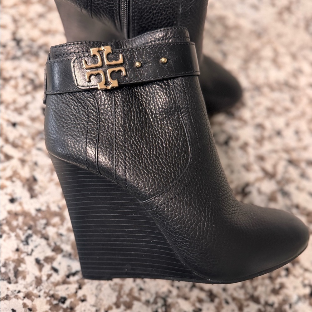 Tory Burch Black Leather Wedge Boots